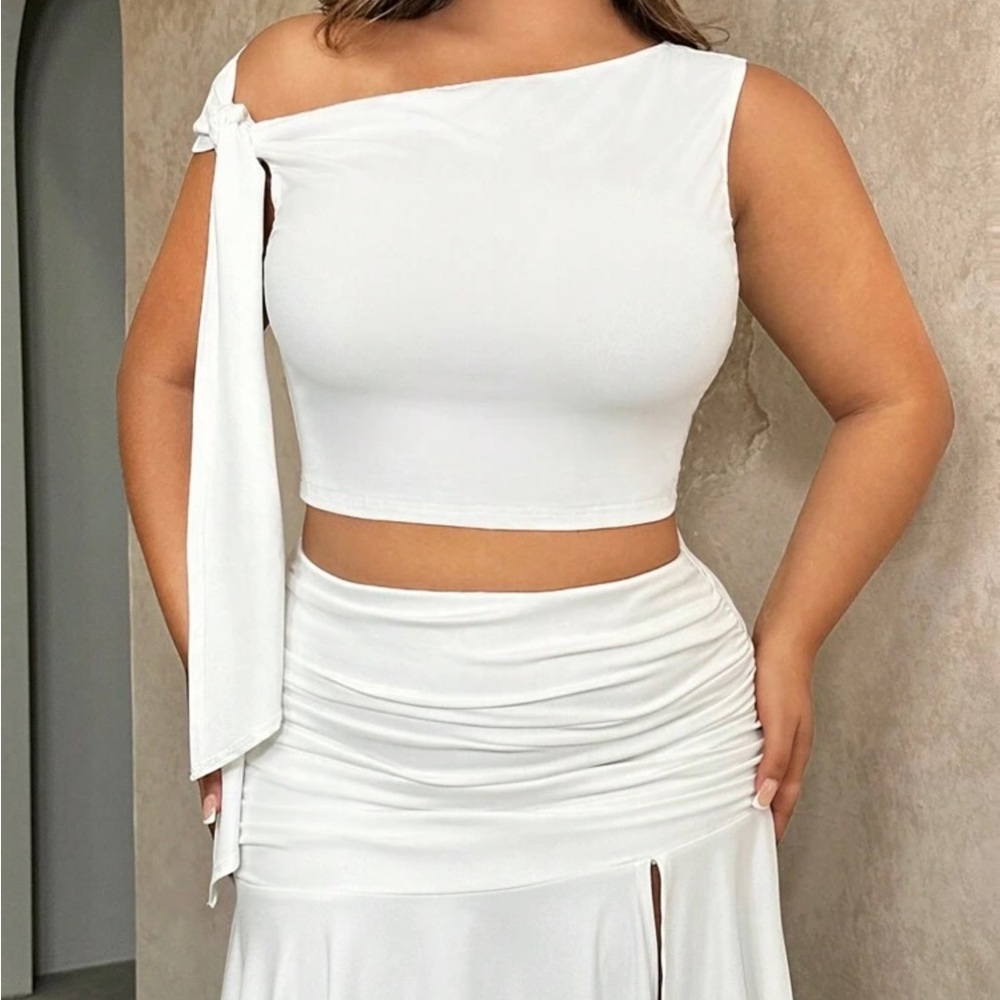 White One-Shoulder Crop Top and Skirt Set